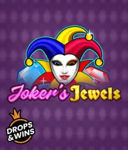 Discover the playful ambiance of the Joker's Jewels game by Pragmatic Play, featuring a captivating joker's mask adorned with a brightly colored jester hat. This graphic captures the joyful spirit of traditional joker games, set against a purple background. Ideal for those who love classic slot games, promising a entertaining gaming experience. 