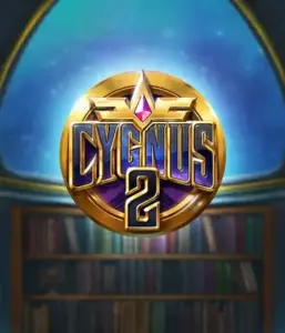 Experience the magical visuals of Cygnus 2 Slot by ELK Studios, highlighting a luxurious emblem with a vibrant purple and gold design. With a backdrop of a celestial library backdrop, this image evokes the essence of adventure and mystery. 